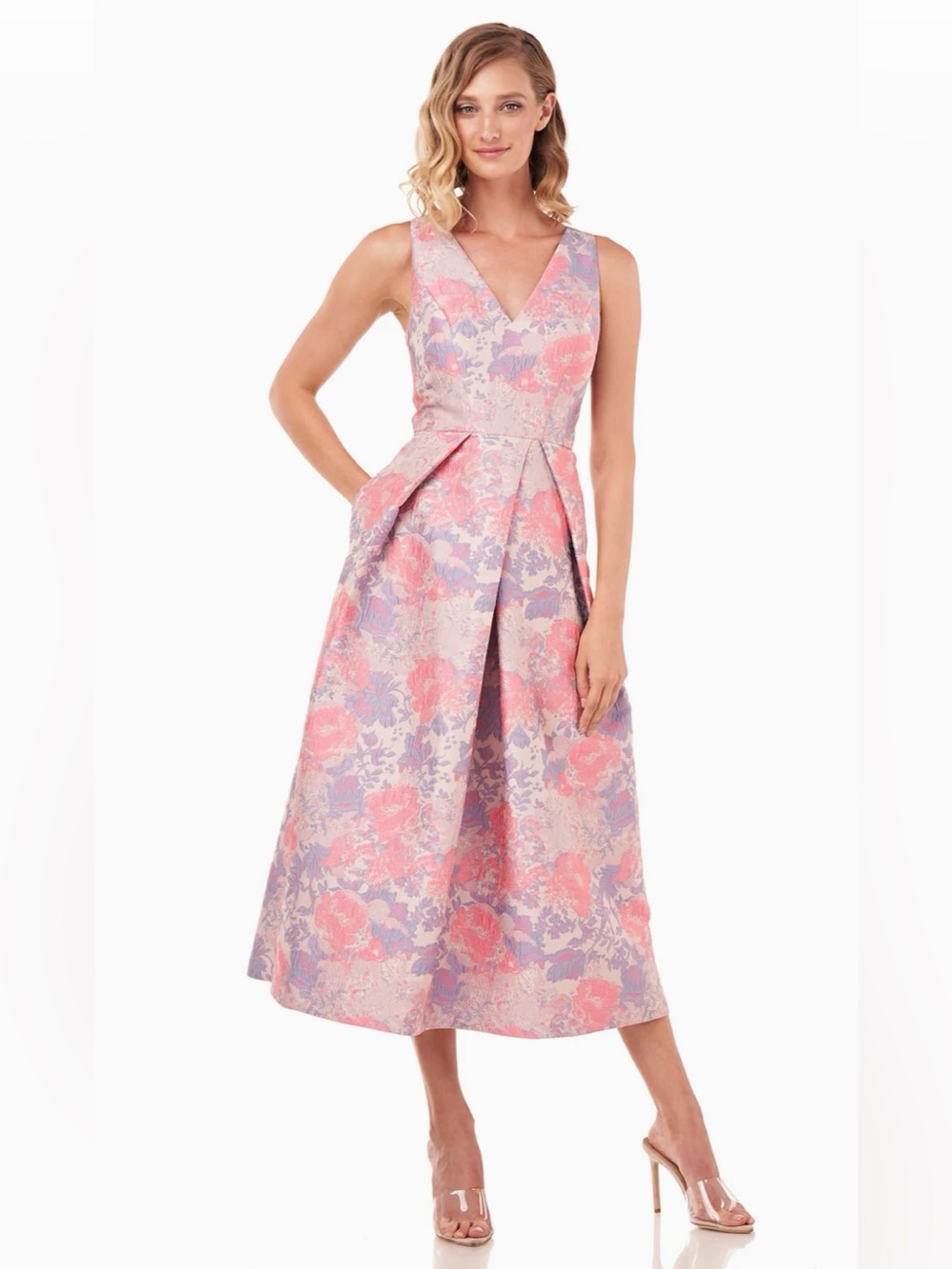 Kay Unger New York Maxine  Floral  pink / lavender Jacquard
Midi Dress size 12.